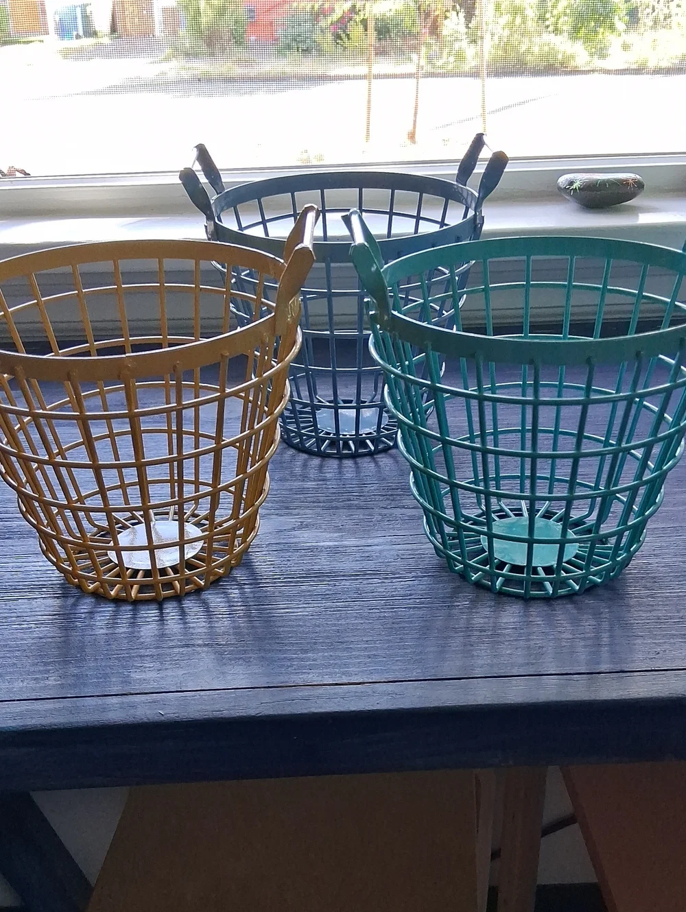 Set of Three Metal Wire Baskets - Yellow, Teal, and Blue - Perfect For Plants